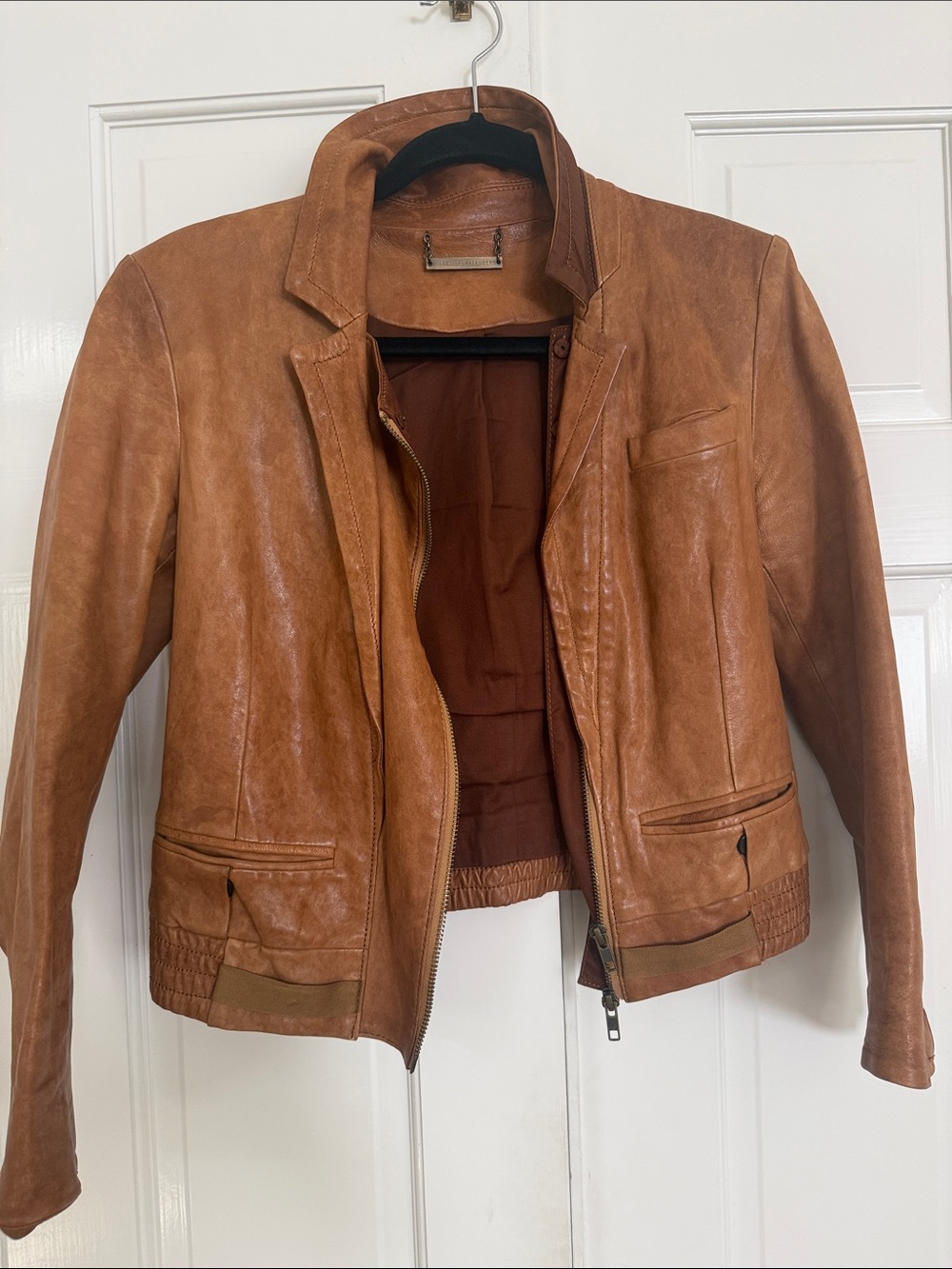 Diane Von Furstenberg Cropped Cognac Leather Zip Jacket